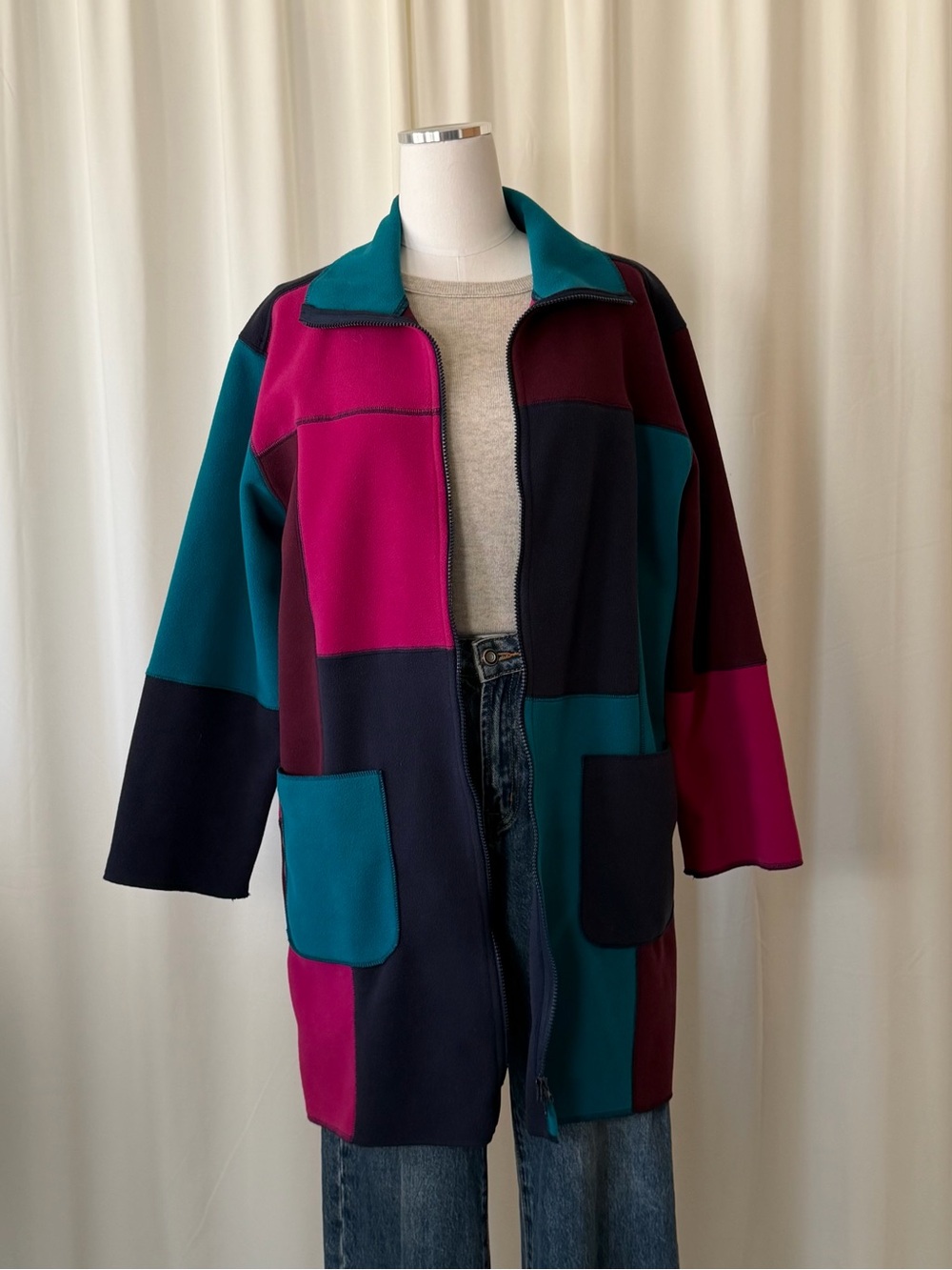 Vintage 1990s Susan Bristol Colorblock Fleece Jacket Coat Medium Retro. - Picture 5 of 11